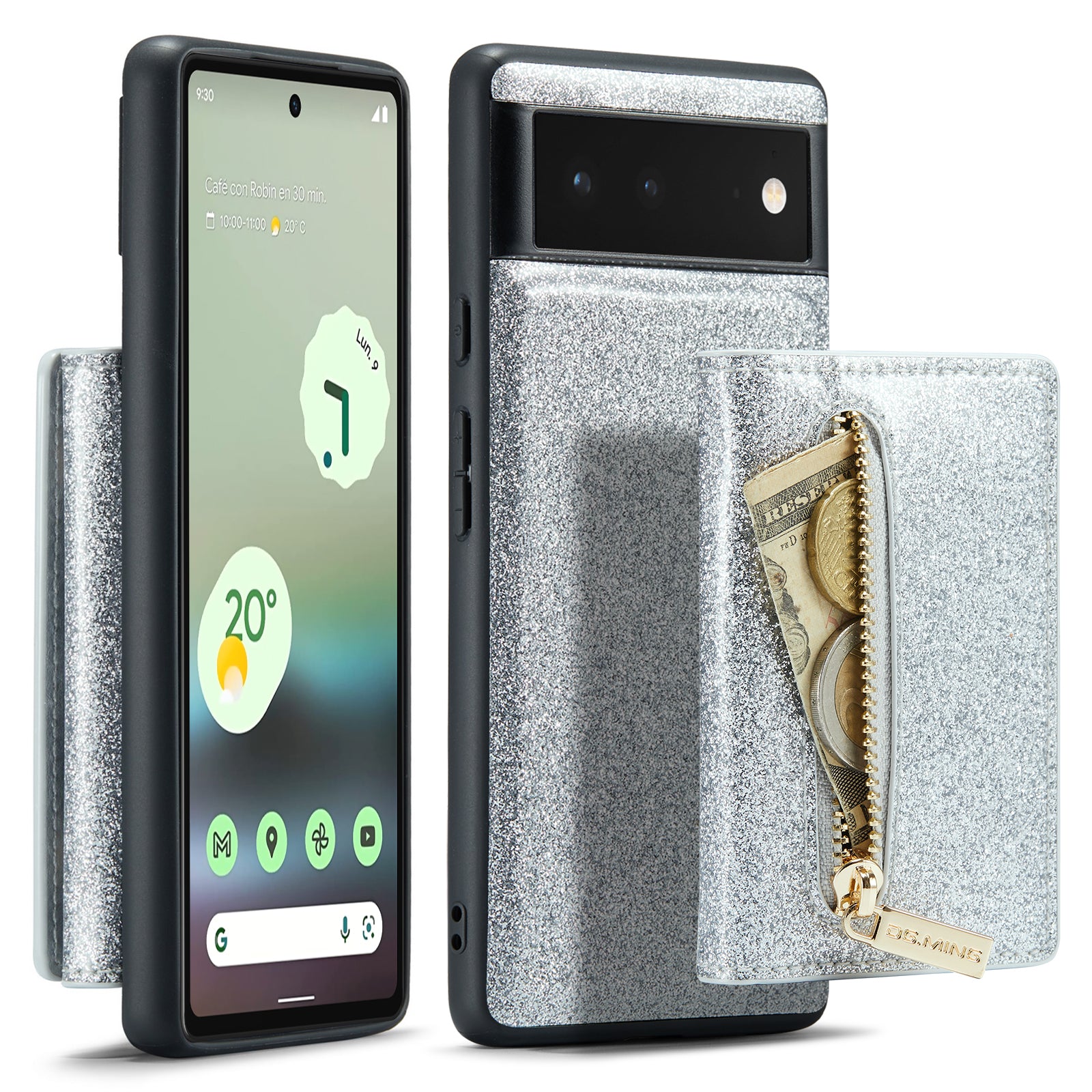 DG.MING M3 Series For Google Pixel 6a Glitter Bling Powder PU Leather Anti-scratch Magnetic Phone Cover PC TPU Kickstand Zipper Pocket Wallet Smartphone Case DG.MING M3 Series For Google Pixel 6a Glitter Bling Powder PU Leather Anti-scratch Magnetic Phone Cover PC TPU Kickstand Zipper Pocket Wallet Smartphone Case